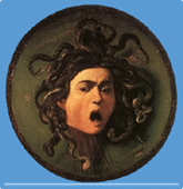 Caravaggio’s Medusa superimposed on a light blue background.