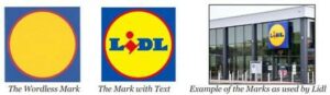 Yellow circle with a red outline on a dark blue square background (The Wordless Mark). Lidl's logo which is a yellow circle with a red outline on a dark blue square background. The wording "Lidl" is within the yellow circle (The Mark with Text). Lidl's shop from the outside featuring the logo (Example of the Marks as used by Lidl).