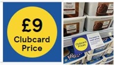 Tesco's Clubcard Price logo, which is a yellow circle on a dark blue background, reads "£9 Clubcard Price" next to an image of the logo in the store.