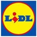 Lidl's logo which is a yellow circle with a red outline on a dark blue square background. The wording "Lidl" is within the yellow circle.